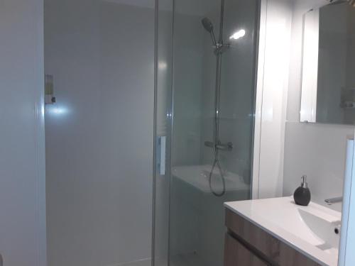 a white bathroom with a shower and a sink at Appartement les Regrattiers in Poitiers