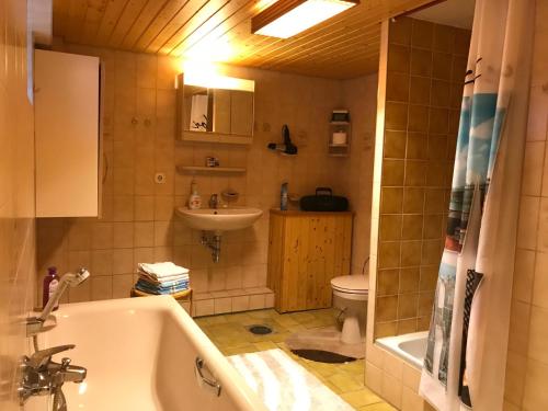 a bathroom with a tub and a sink and a toilet at Schönes Kellerzimmer mit Bad in Mittelangeln