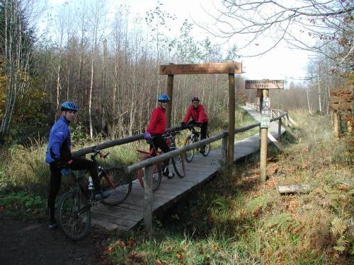a group of three people riding bikes on a bridge at Hotel Haus am Berg in Trier