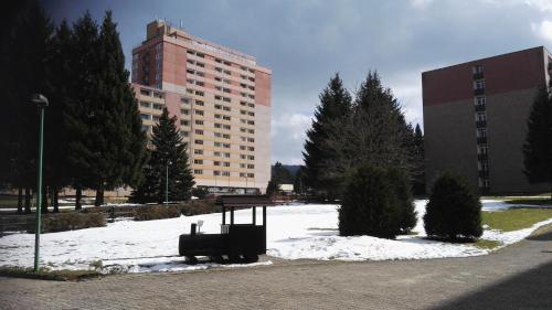 a snow covered park with a building in the background at Zobel Ferienwohnungen in Altenau