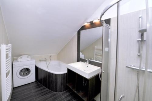 La salle de bains est pourvue d'un lavabo et d'un lave-linge. dans l'établissement iHome Apartment 2.0, à Pécs