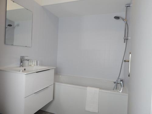 ein weißes Bad mit einem Waschbecken und einer Dusche in der Unterkunft L'appart des Tanneurs in Metz