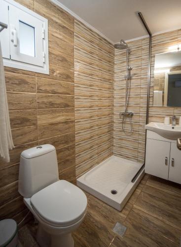 a bathroom with a toilet and a shower and a sink at Vorto House in Agios Leon