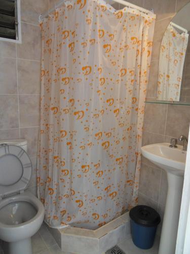 a bathroom with a toilet and a shower curtain at El Galpon in Valeria del Mar