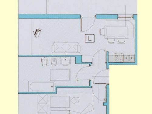 a floor plan of a bathroom with blue at Casa El Tobià in Pozza di Fassa