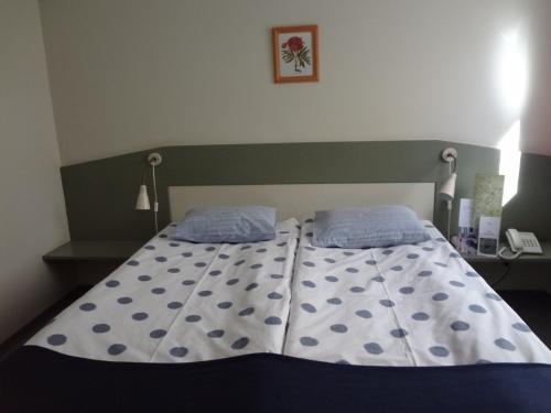 a bed with two pillows on it in a bedroom at Hotel Flora in Łódź