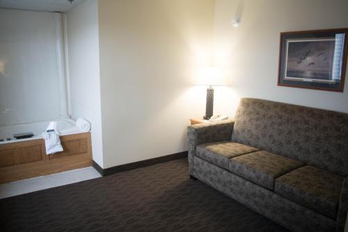 ein Wohnzimmer mit einem Sofa in einem Hotelzimmer in der Unterkunft AmericInn by Wyndham Madison SD in Madison