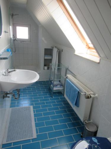 ein blau gefliestes Bad mit einem Waschbecken und einem WC in der Unterkunft Ferienwohnung Sommer in Friedrichsbrunn