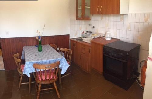 eine Küche mit einem Tisch und einem Tisch und Stühlen in der Unterkunft Apartments Bili in Starigrad-Paklenica
