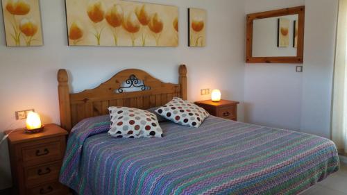 1 dormitorio con 1 cama con almohadas y 2 lámparas en Casa Rural El Jardín del Hueznar, en San Nicolás del Puerto