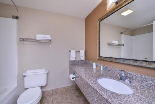 een badkamer met een toilet, een wastafel en een spiegel bij Americas Best Value Inn & Suites Bastrop in Bastrop
