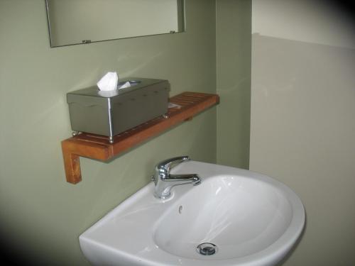 a bathroom with a sink and a box on a shelf at B&B Greenhouse 37 in Langemark