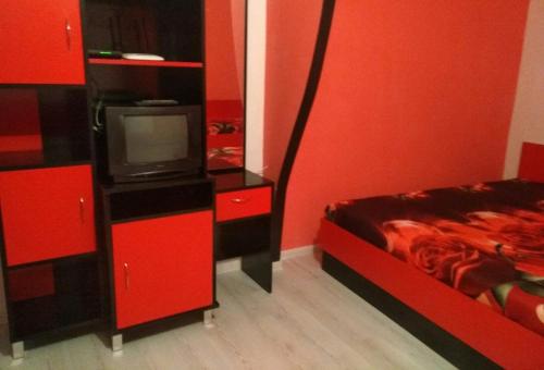 a bedroom with a bed and a tv and red walls at Studio Ekzarh in Varna City