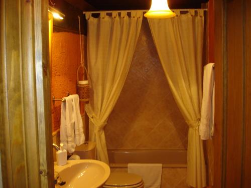 uma casa de banho com um lavatório, um WC e um chuveiro em El Balcón de Mogarraz em Mogarraz