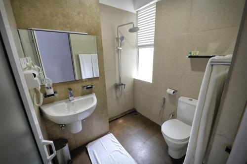 a bathroom with a sink and a toilet and a mirror at Lavendish Hills Kandy in Kandy