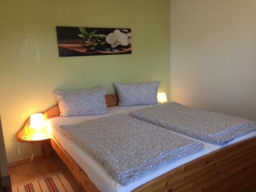 1 dormitorio con 1 cama grande con almohadas azules en FeWo Lahnblick en Löhnberg