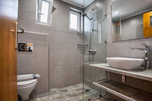a bathroom with a sink and a toilet and a shower at Chrisanthi Studios & Apartments in Plakias