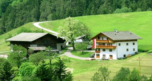 ein großes Haus auf einem Hügel mit einem Baum in der Unterkunft Apartments Dolomites "Mantingerhof" in Villnöss