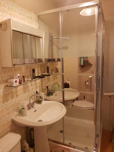 サン・ラファエルにあるApp French Rivieraのバスルーム(洗面台2台、シャワー、トイレ付)