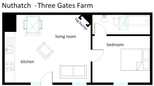 a black and white floor plan of a house at Three Gates Farm Holiday Cottages in Huntsham
