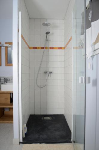 une salle de bain avec une douche avec une porte vitrée dans l'établissement Le Mas du Puech Cigale, à Assas
