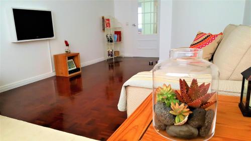 a living room with a glass jar with a plant in it at Praia Mar in Ribeira Grande
