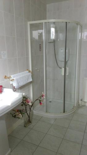 a white bathroom with a shower and a sink at Disblair House in Newmachar
