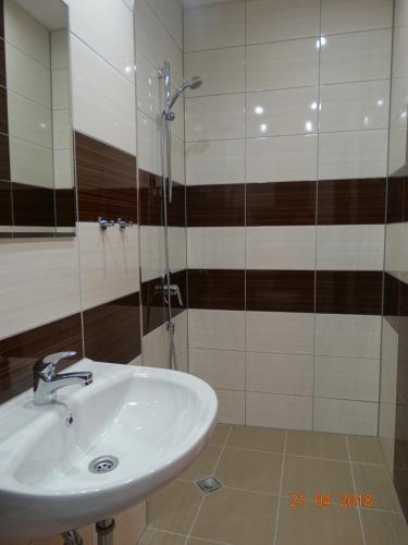 a bathroom with a sink and a glass shower at Hotel Lago Peshtera in Peshtera
