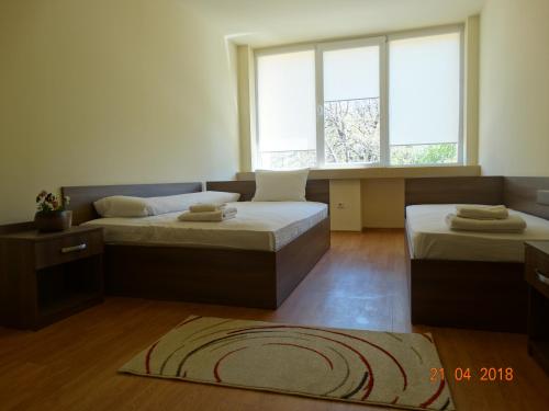 two beds in a room with two windows and a rug at Hotel Lago Peshtera in Peshtera
