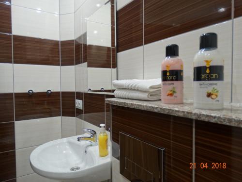 a bathroom with a sink and two bottles of soap at Hotel Lago Peshtera in Peshtera