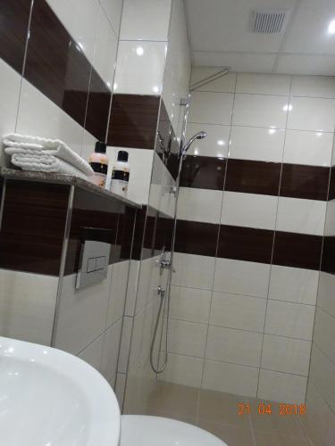 a bathroom with a shower with a toilet and a sink at Hotel Lago Peshtera in Peshtera