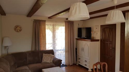 un soggiorno con un divano e una TV di Domek Piotr 2 a Stegna