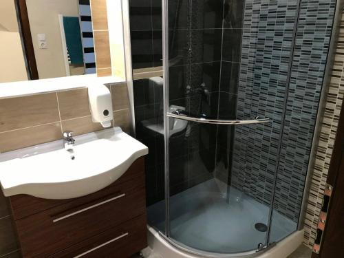 a bathroom with a glass shower and a sink at Kálvária Apartman in Baja