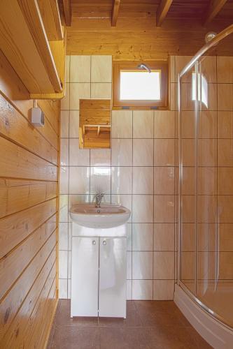 a bathroom with a sink and a shower at Domki na 102 in Junoszyno