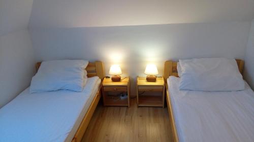 two beds in a small room with two lamps at Willa Epiona in Stepnica