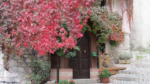 a building with a door with red flowers on it at Il rifugio nel parco in Villetta Barrea