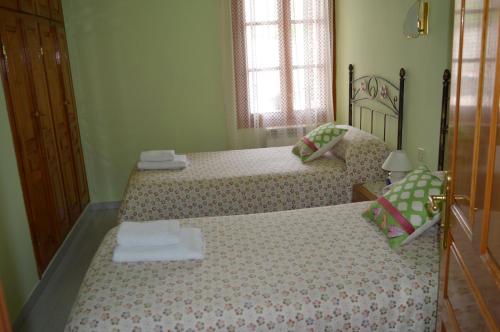 two twin beds in a bedroom with green walls at Casa "La Huerta" DE RODA DE ISABENA in Roda de Isábena