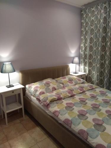 a bedroom with a bed with two nightstands and two lamps at Podzamcze in Rożnów