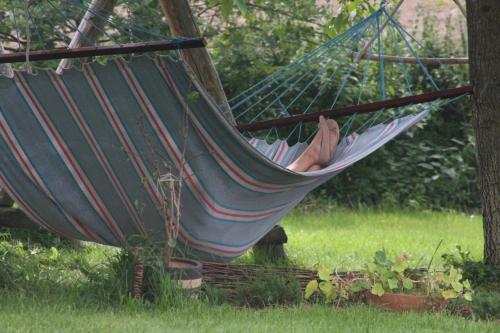 a woman sleeping in a hammock in a yard at Folwark Malinowy Chruśniak in Bisztynek