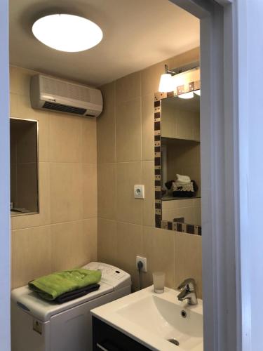 a bathroom with a sink and a toilet and a mirror at Elegant Apartment Leila in Dubrovnik