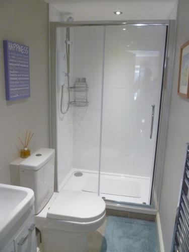 uma casa de banho branca com um chuveiro e um WC. em Chalice Loft em Glastonbury