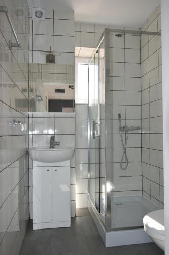a bathroom with a sink and a shower and a toilet at Remiza w Starej Papierni in Łapino