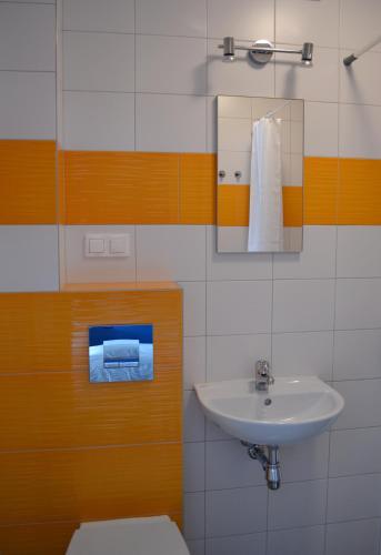 a bathroom with a sink and a mirror and a toilet at Morza Szum in Dziwnów