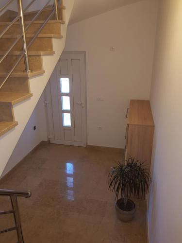 an empty room with stairs and a potted plant at Apartmani Jadranka in Starigrad-Paklenica