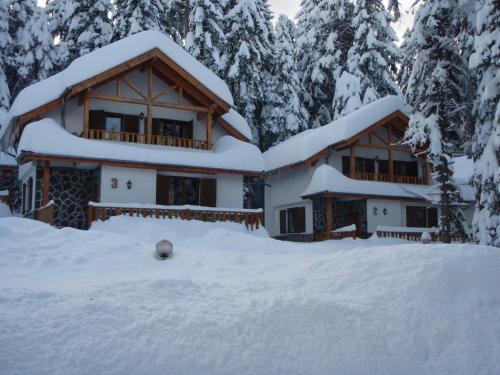 a house covered in snow in front of trees at Saint George Holiday Village in Borovets