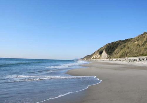 a sandy beach with the ocean and a hill at Le Nessa Akazawa in Ito