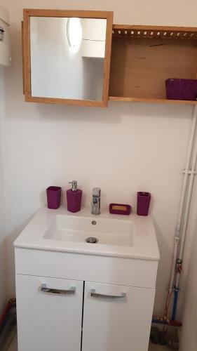a bathroom sink with a mirror on top of it at Des Km à La Ronde in La Ronde