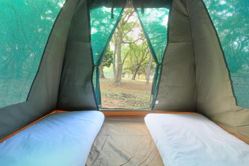 a tent with a window and a mattress in it at Kruger Adventure Lodge in Hazyview