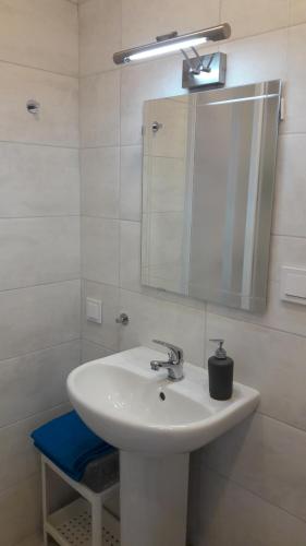 ein Badezimmer mit einem weißen Waschbecken und einem Spiegel in der Unterkunft Anykščiai Center Apartment in Anykščiai