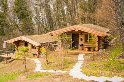 a log cabin in the woods with a path leading to it at Les Cabanes Du Saleve in Collonges-sous-Salève